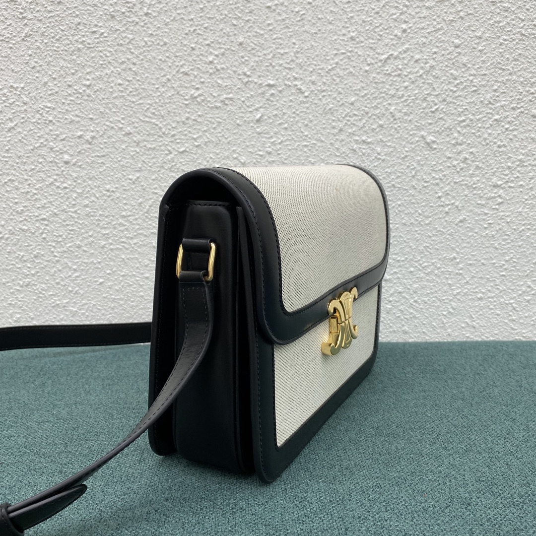 Celine Teen Classique Triomphe Bag In Textile And Calfskin White/Black 191242